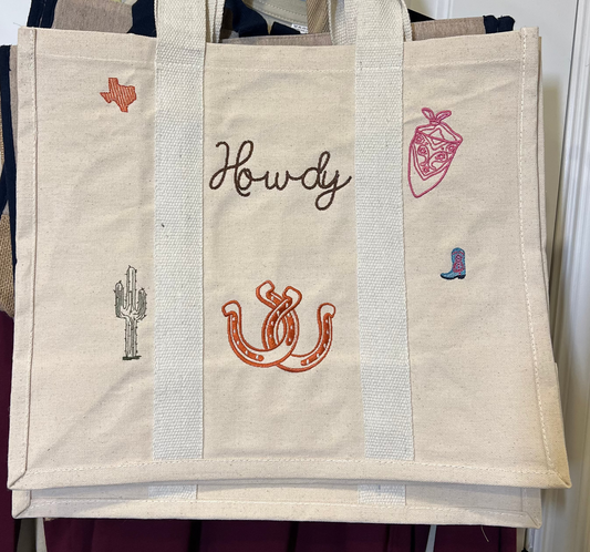 Canvas Tote bag with Howdy wording and icons embroidered on the front