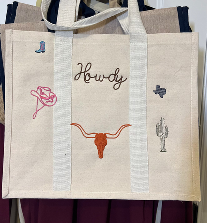 Canvas Tote bag with Howdy wording and icons embroidered on the front