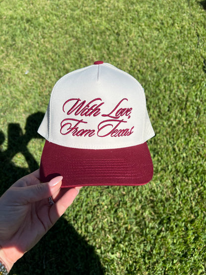 maroon and beige cap with mesh back with puff embroidery "with love, from Texas"