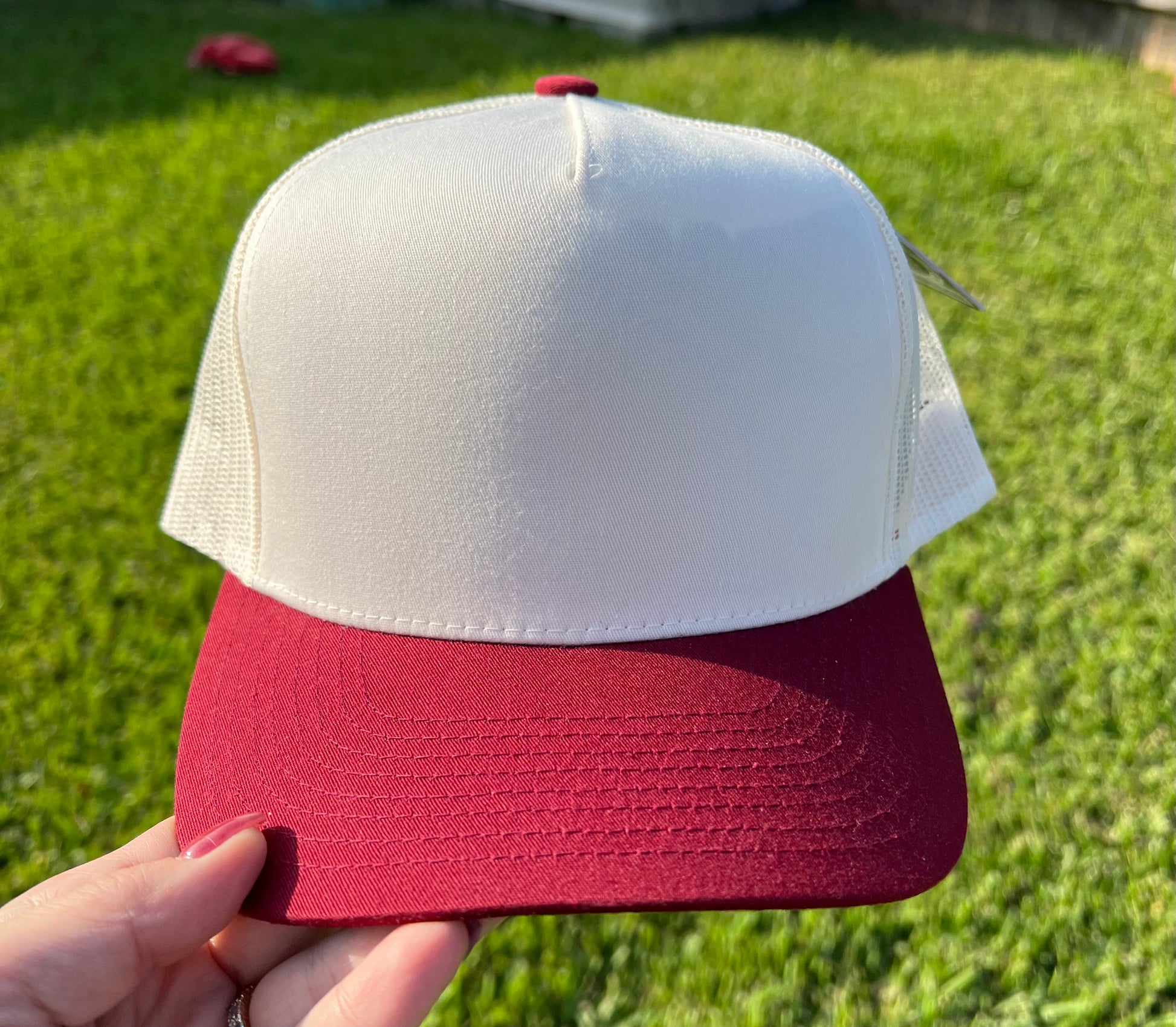 Beige and maroon cap with mesh back 