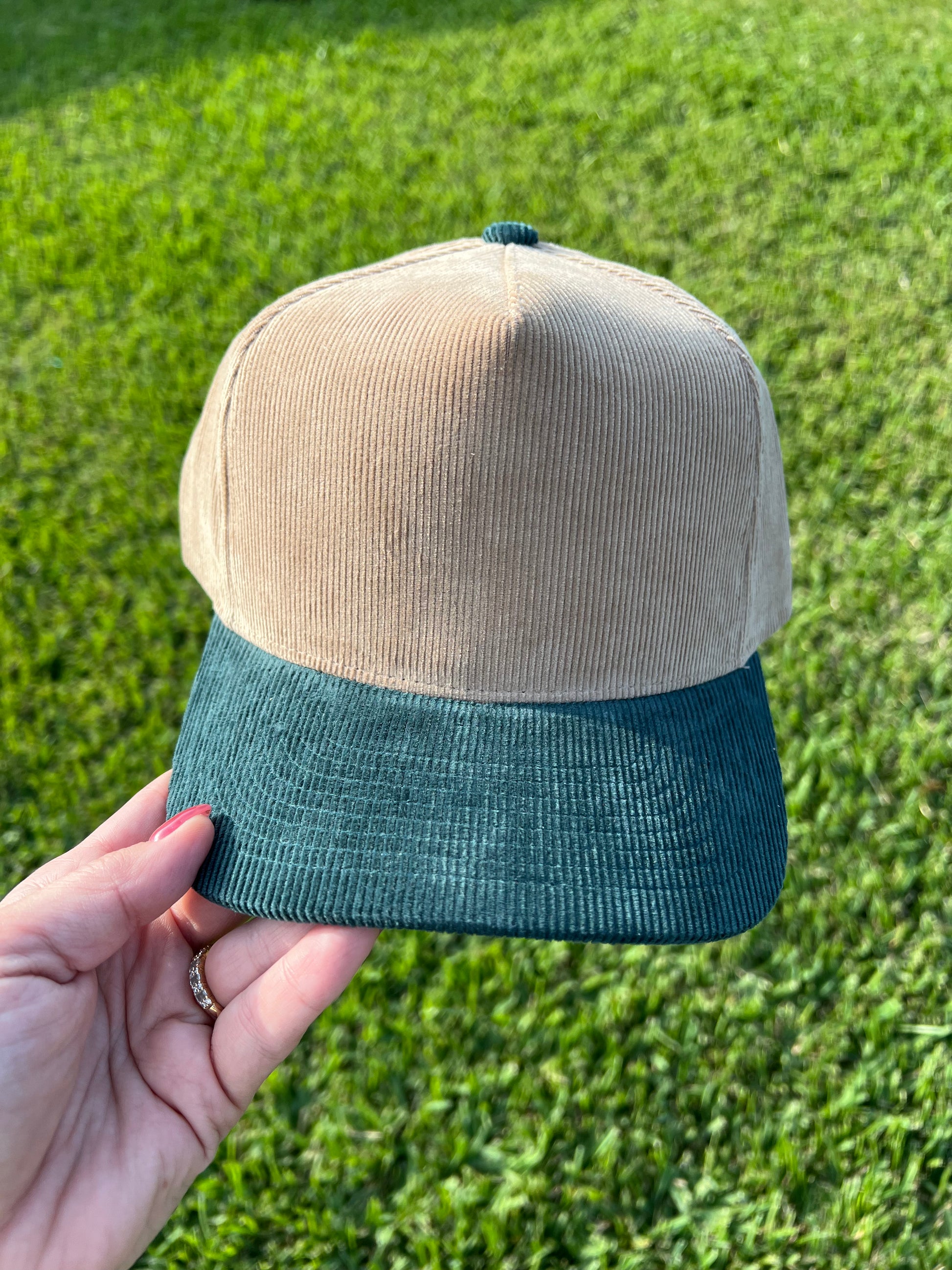 beige and green corduroy cap 
