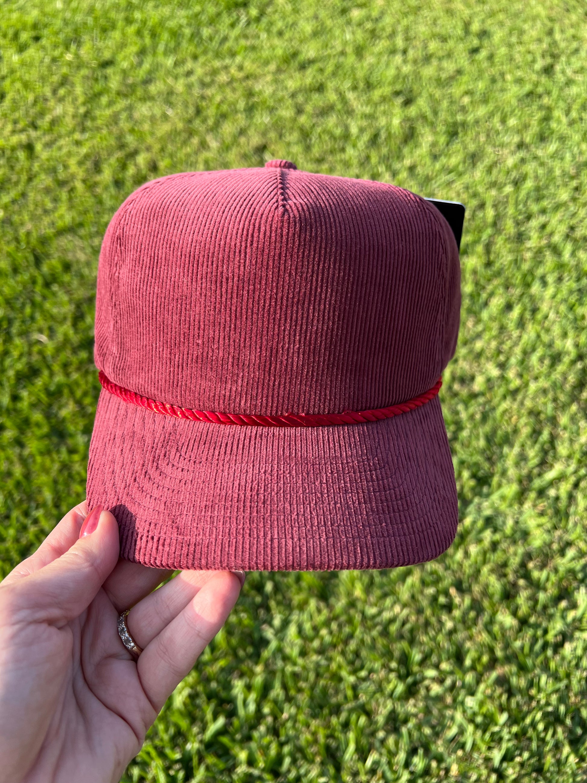 Maroon Corduroy cap with red rope 