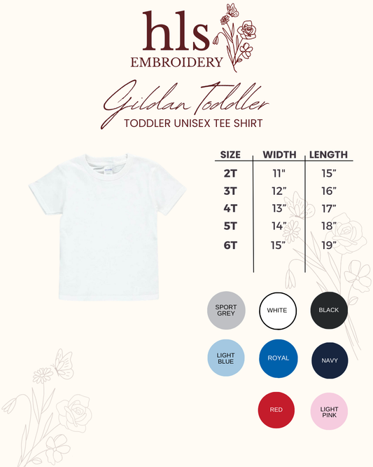 Gildan Toddler Unisex Tee Shirt size chart with color options on a white background