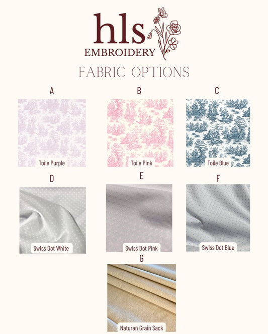 Fabric options with patterns and textures for embroidery, featuring the HLS Embroidery logo.