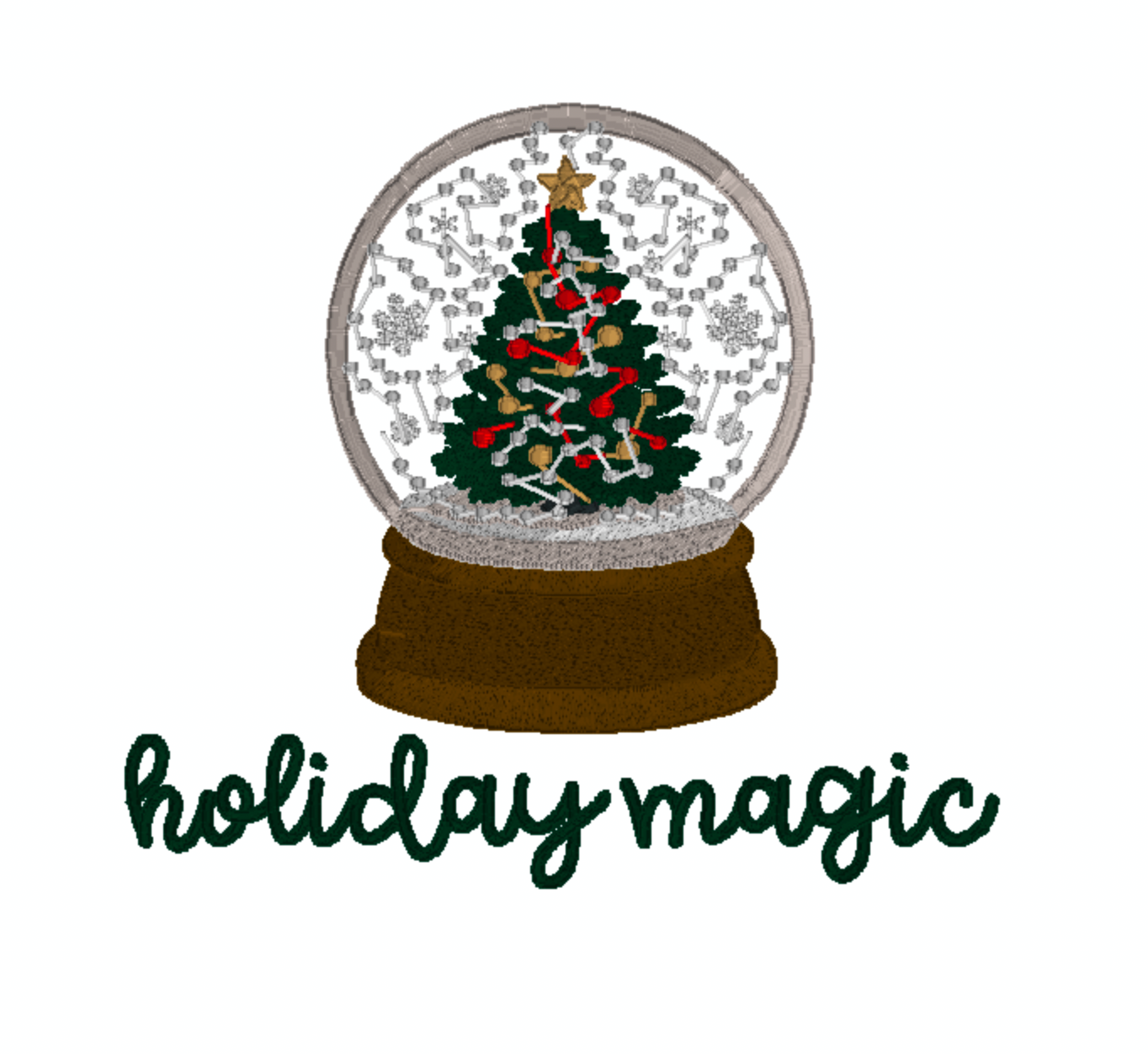 Snow globe with Christmas tree design and 'holiday magic' text on a white background