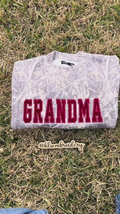 Velvet Appliqué Word — Camo Crewneck