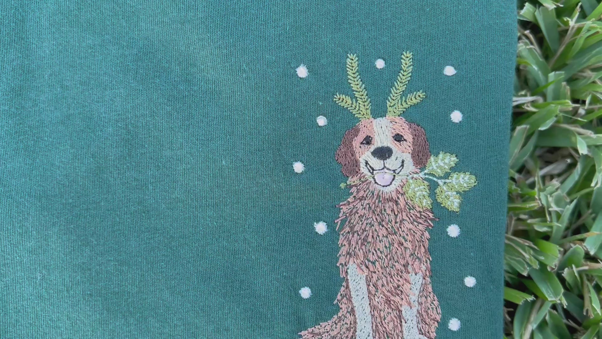 Green Shirt with holiday dog embroidered on the front 