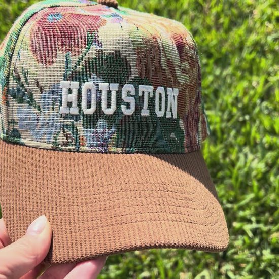 Floral Tapestry cap with brown corduroy cap with the words Houston in  white puff embroidery 