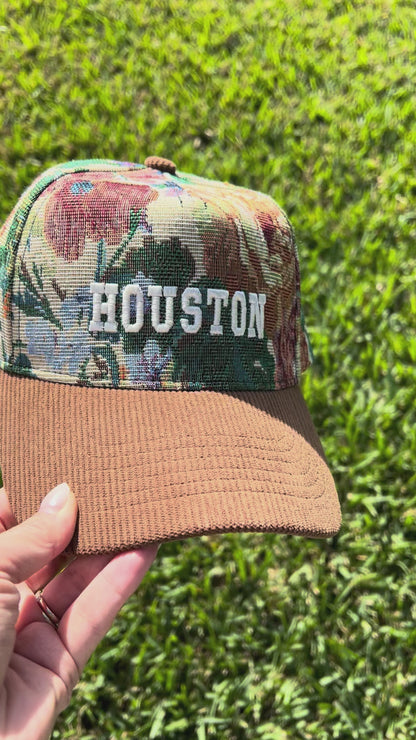 Floral Tapestry cap with brown corduroy cap with the words Houston in  white puff embroidery 