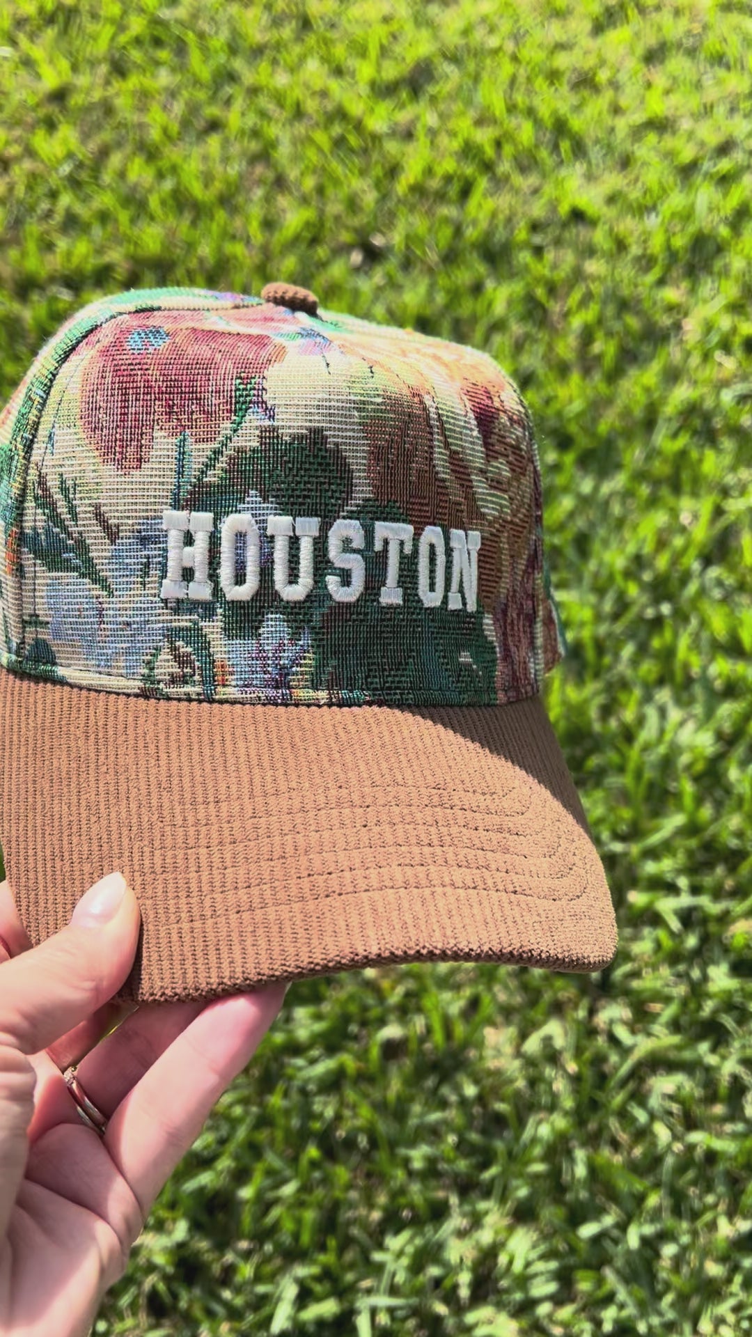 Floral Tapestry cap with brown corduroy cap with the words Houston in  white puff embroidery 