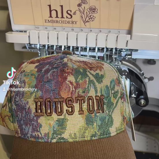 Floral Tapestry cap with brown corduroy cap with the words Houston in  brown puff embroidery 
