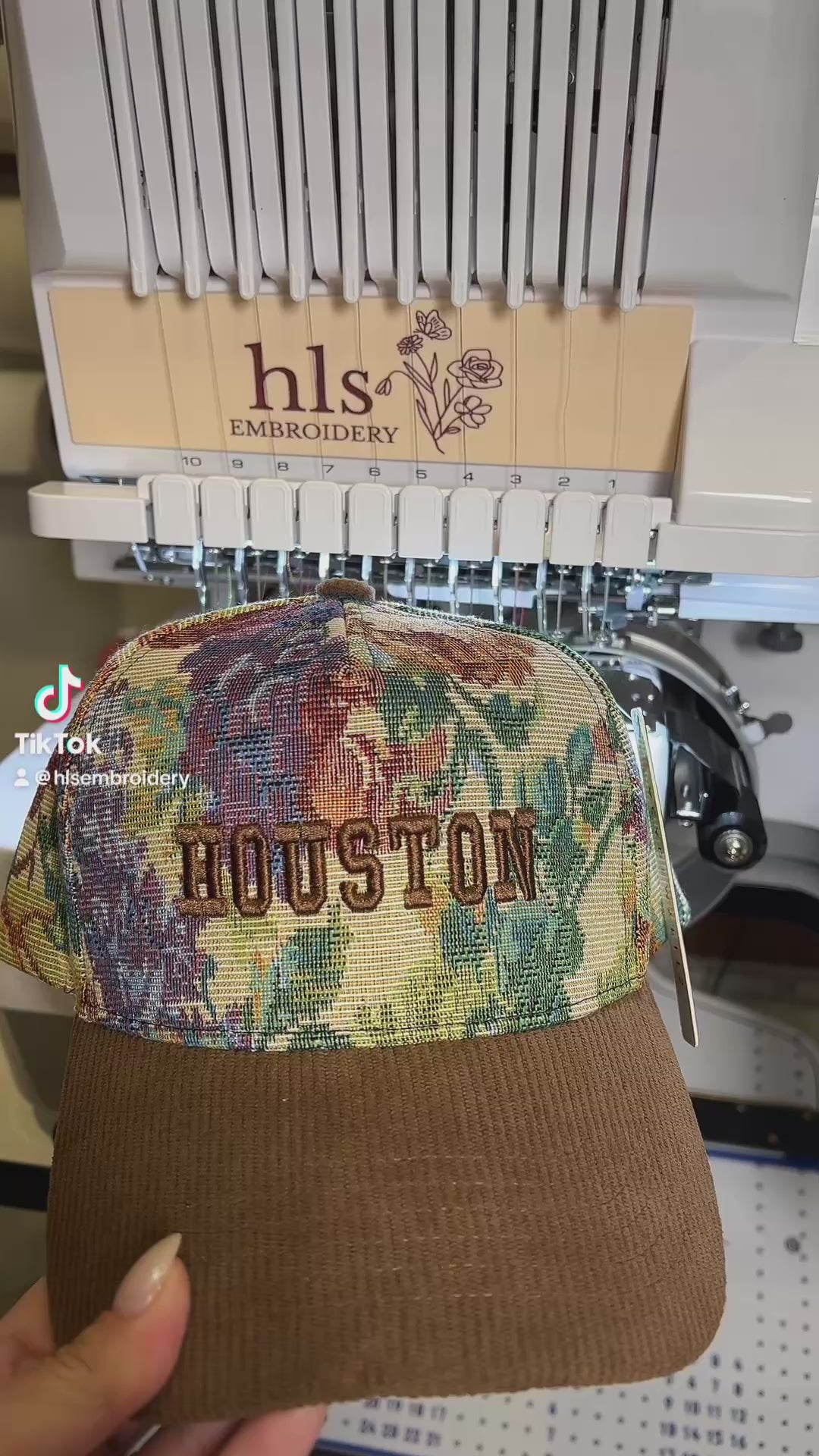 Floral Tapestry cap with brown corduroy cap with the words Houston in  brown puff embroidery 