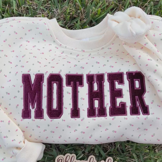 Signature Butter Yellow Floral Crewneck with Mother Embroidery Appliqué and Sparkle Velvet. 